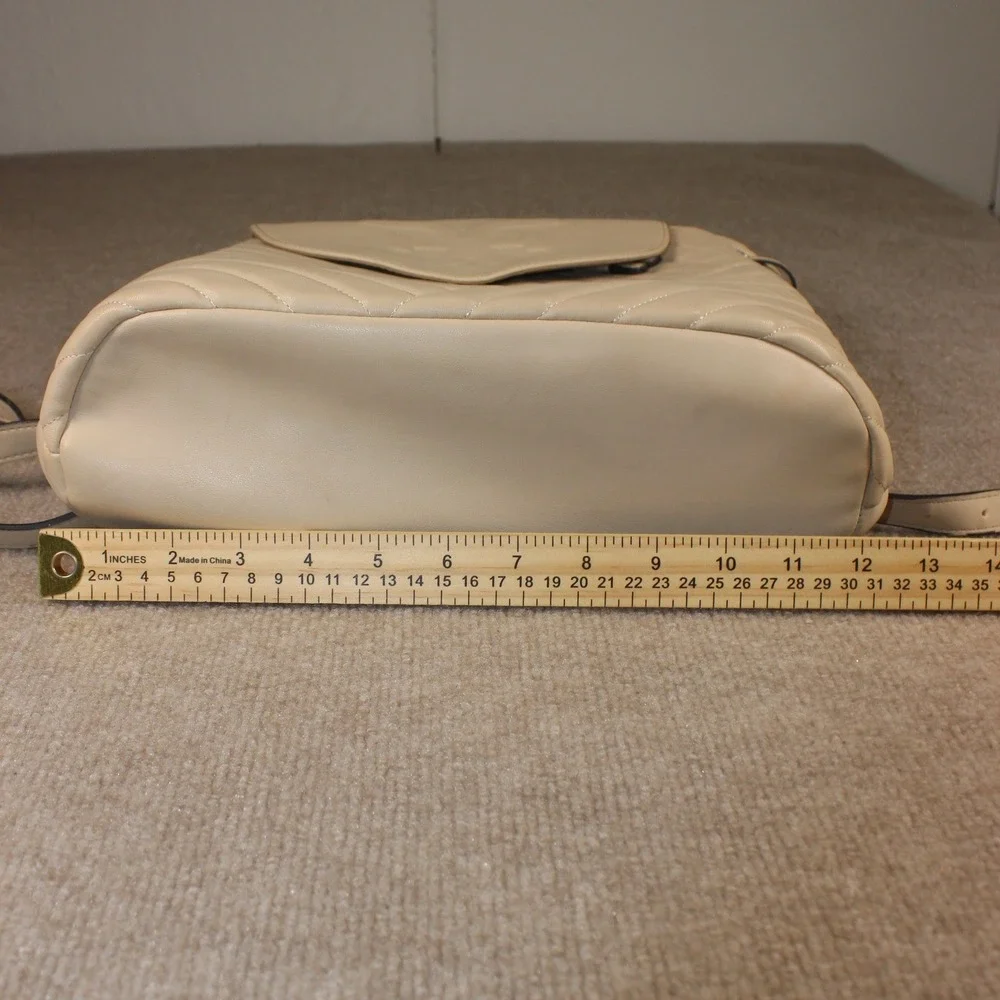 Sam Edelman Beige Quilted Faux Leather Drawstring Backpack Logo Flap Bag